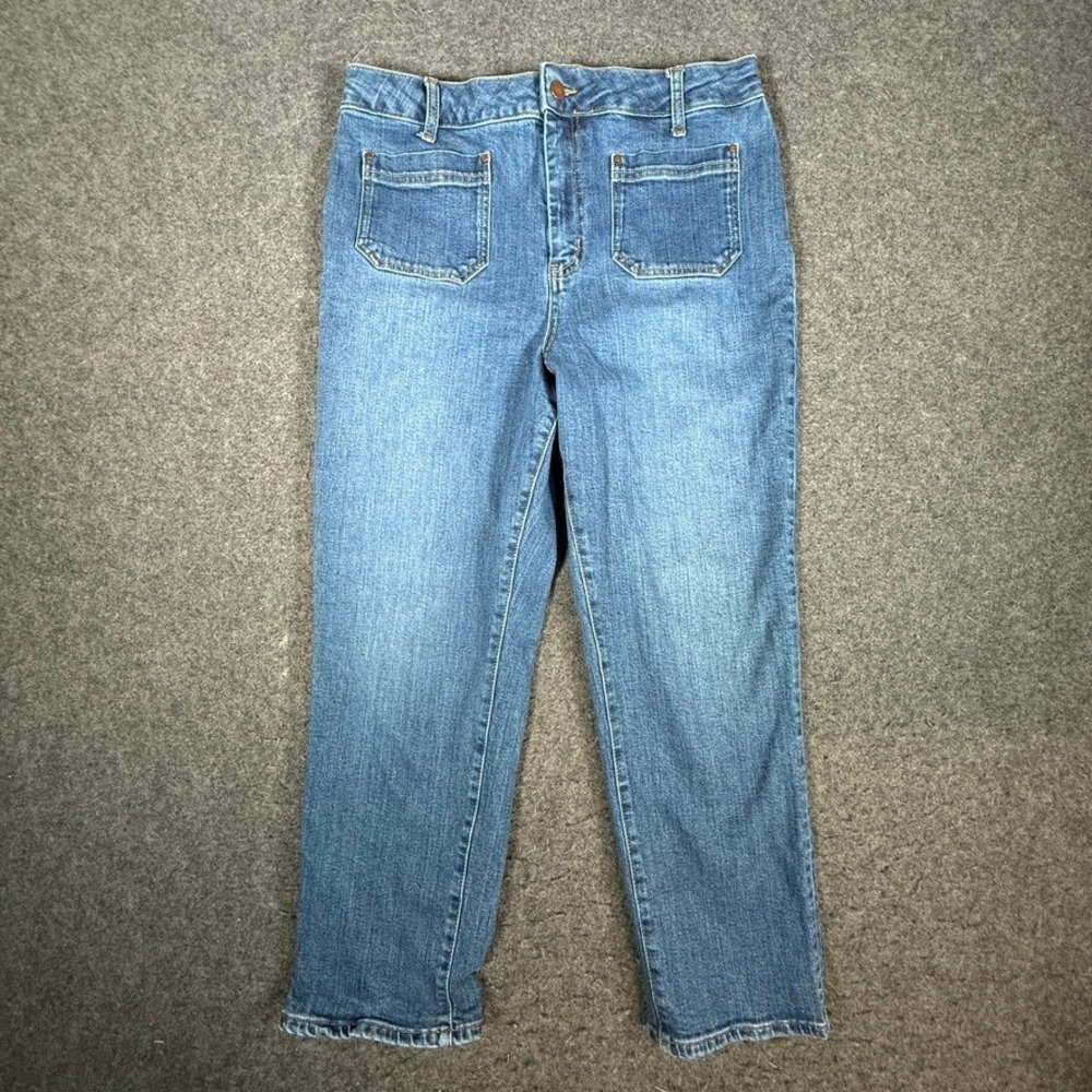 Boden Patch Pockets Straight Leg Jeans Medium‎ Wash Denim Button Fly Women US 12
